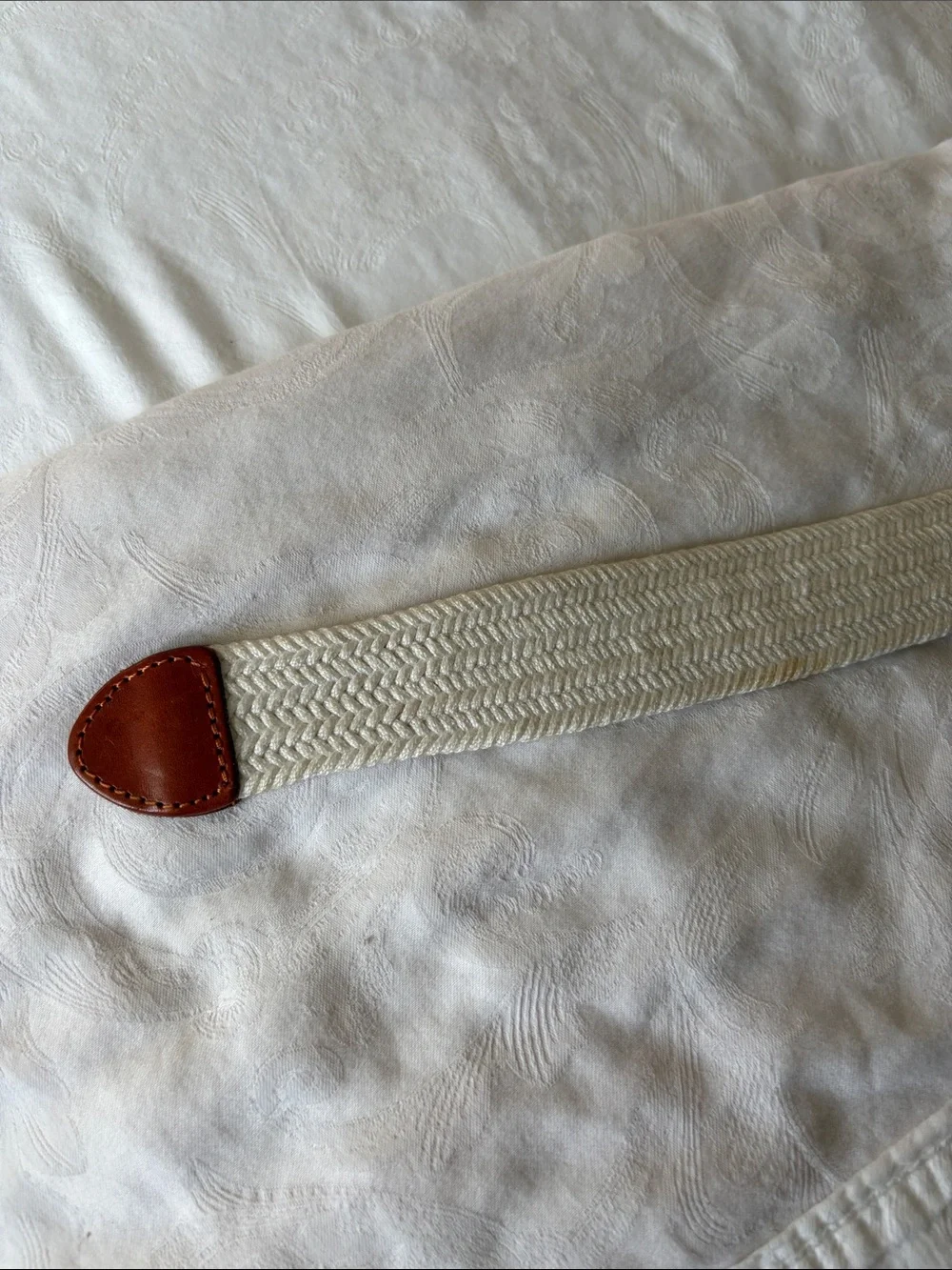 Talbots Braided Cream Woven Belt with Brown Leather Accents. Stretches. 42”.